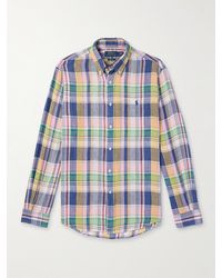 Polo Ralph Lauren - Camicia in lino a quadri con collo button-down e logo ricamato - Lyst