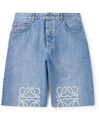 Loewe - Anagram Straight-Leg Logo-Appliquéd Frayed Denim Shorts - Lyst