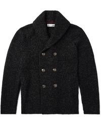 Brunello Cucinelli - Shawl-Collar Double-Breasted Ribbed Virgin Wool, Silk And Cashmere-Blend Cardigan - Lyst