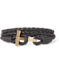 Tom Ford Woven Leather And Palladium-plated Wrap Bracelet - Brown