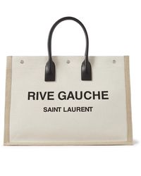 Saint Laurent - Leather-trimmed Logo-print Linen And Cotton-blend Canvas Tote Bag - Lyst
