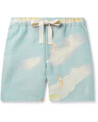 JW Anderson Logo-embroidered Printed Linen Drawstring Shorts - Blue