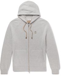 Brunello Cucinelli Logo-embroidered Ribbed-knit Cashmere Zip-up Hoodie - Gray