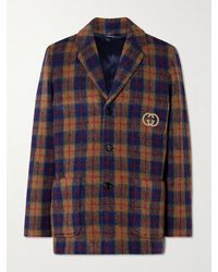 Gucci - Blazer in misto lana a quadri con logo ricamato - Lyst