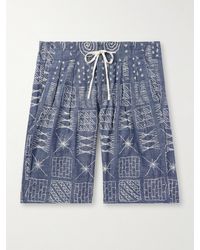 Monitaly - Wide-leg Pleated Embroidered Cotton-chambray Drawstring Shorts - Lyst