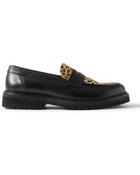VINNY'S - Richee Leopard-print Calf Hair-trimmed Leather Penny Loafers - Lyst