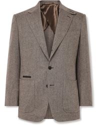 James Purdey & Sons - Hacking Leather-trimmed Herringbone Wool And Cashmere-blend Tweed Blazer - Lyst