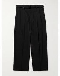 Loewe - Wide-leg Leather-trimmed Pleated Wool-twill Trousers - Lyst