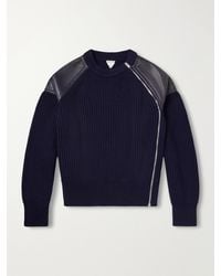 Bottega Veneta - Leather-Trimmed Ribbed Wool And Cashmere-Blend Zip-Up Sweater - Lyst