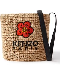 KENZO - Large Embroidered Leather-trimmed Raffia Messenger Bag - Lyst