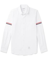 Thom Browne - Penny-collar Striped Grosgrain-trimmed Cotton-seersucker Shirt - Lyst