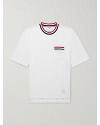 Thom Browne - T-shirt in cotone pointelle con righe e logo applicato - Lyst