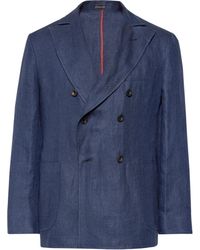 Rubinacci Navy Unstructured Double-breasted Linen Blazer - Blue