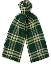Burberry - Fringed Logo-embroidered Checked Wool-blend Scarf - Lyst