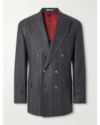 Brunello Cucinelli - Double-Breasted Pinstriped Wool, Cashmere And Silk-Blend Flannel Suit Jacket - Lyst