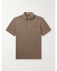 ZEGNA - Slim-fit Leather-trimmed Cotton-piqué Polo Shirt - Lyst