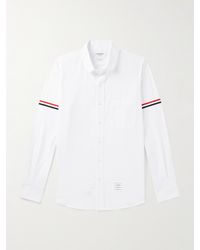 Thom Browne - Penny-collar Striped Grosgrain-trimmed Cotton-seersucker Shirt - Lyst