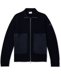 Moncler - Logo-appliquéd Suede-trimmed Cotton And Cashmere-blend Zip-up Cardigan - Lyst
