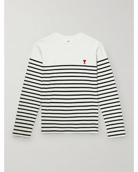 AMI Logo-embroidered Striped Cotton-jersey T-shirt - White