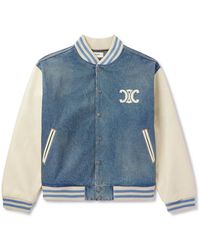 Celine - Teddy Logo-Appliquéd Leather-Trimmed Denim Bomber Jacket - Lyst