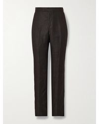 Favourbrook - Randwick Straight-Leg Grosgrain-Trimmed Herringbone Linen And Silk-Blend Tuxedo Trousers - Lyst