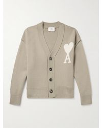 Ami Paris - Cardigan in lana vergine con logo a intarsio - Lyst