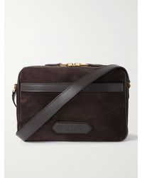 Tom Ford - Logo-Embossed Leather-Trimmed Suede Messenger Bag - Lyst