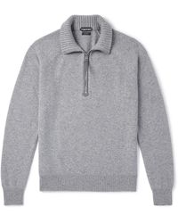 Tom Ford - Leather-Trimmed Wool And Cashmere-Blend Half-Zip Rollneck Sweater - Lyst