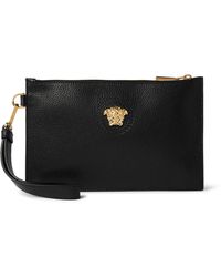 Versace Logo-embellished Full-grain Leather Pouch - Black