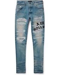 Amiri - Hollywood Skinny-fit Logo-flocked Distressed Jeans - Lyst