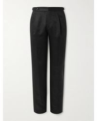 Brunello Cucinelli - Tapered Pleated Cotton And Silk-Blend Satin-Trimmed Linen Tuxedo Trousers - Lyst