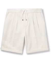 Brunello Cucinelli - Straight-leg Pleated Herringbone Cotton And Linen-blend Drawstring Bermuda Shorts - Lyst