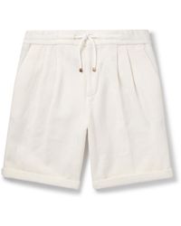 Brunello Cucinelli - Straight-leg Pleated Herringbone Cotton And Linen-blend Drawstring Bermuda Shorts - Lyst