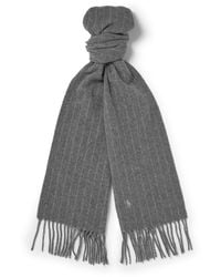 Polo Ralph Lauren - Logo-Embroidered Fringed Pinstriped Cashmere And Wool-Blend Scarf - Lyst