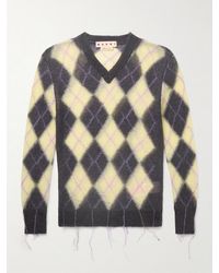 Marni - Slim-Fit Fringed Argyle Mohair-Blend Sweater - Lyst