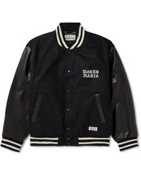 Wacko Maria - Logo-embroidered Striped Wool-blend And Leather Varsity Jacket - Lyst