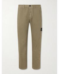 Stone Island - Logo-Appliquéd Straight-Leg Herringbone Cotton Trousers - Lyst