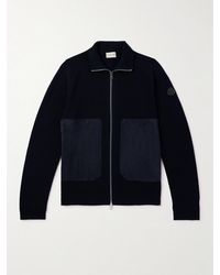 Moncler - Logo-appliquéd Suede-trimmed Cotton And Cashmere-blend Zip-up Cardigan - Lyst