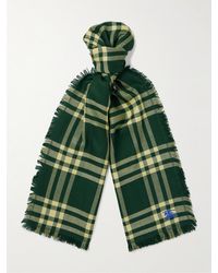 Burberry - Fringed Logo-embroidered Checked Wool-blend Scarf - Lyst