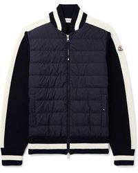 Moncler - Slim-fit Logo-appliquéd Striped Ribbed Cotton And Quilted Shell Down Cardigan - Lyst