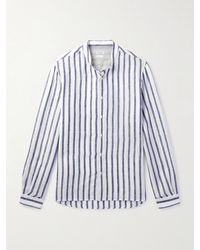Brunello Cucinelli - Camicia in lino a righe con collo alla coreana - Lyst