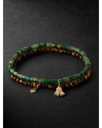Sydney Evan - Set Of Two Mini Buddha And Peace 14-karat Gold And Emerald Beaded Bracelets - Lyst