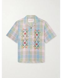 Kardo - Ronen Camp-Collar Floral-Embroidered Checked Cotton And Linen-Blend Shirt - Lyst