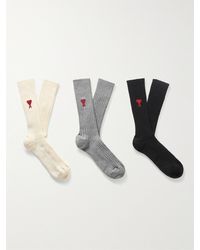 Ami Paris - Three-pack Logo-embroidered Ribbed Cotton-blend Socks - Lyst