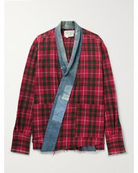 Greg Lauren - Shawl-collar Denim-trimmed Checked Cotton-flannel Cardigan - Lyst