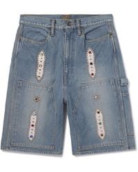 Kapital - Straight-Leg Leather-Trimmed Embellished Denim Shorts - Lyst
