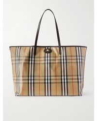 Burberry - Full-Grain Leather-Trimmed Checked Coated-Canvas Tote Bag - Lyst
