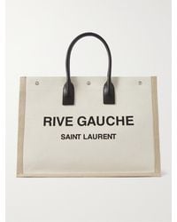 Saint Laurent - Tote bag in tela di misto cotone e lino con logo stampato e finiture in pelle - Lyst
