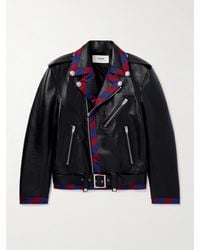 Celine - Belted Striped Twill-Trimmed Leather Biker Jacket - Lyst