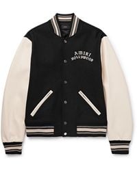 Amiri - Hollywood Logo-Embroidered Leather And Wool-Blend Flannel Varsity Jacket - Lyst